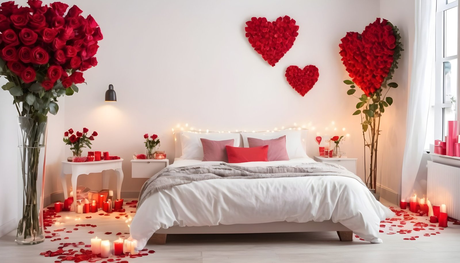 Romantic bedroom with roses, hearts and red decorations.
