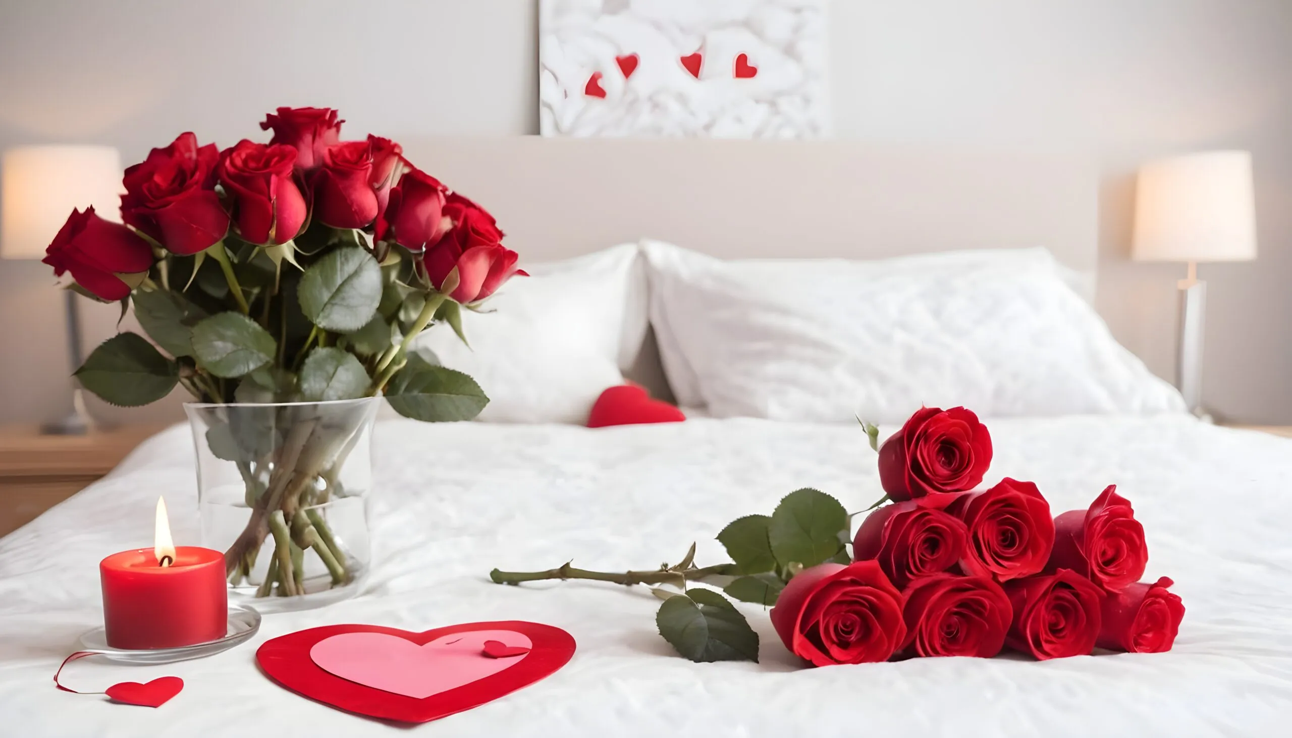 Romantic bedroom with roses, white bed set and hearts.