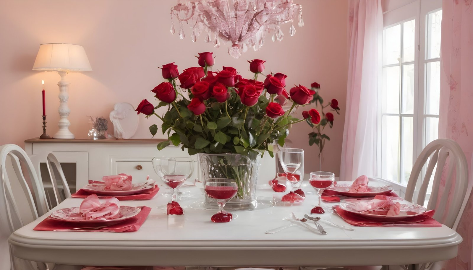 Valentine's Day Decorations, Romantic dining room with red roses and red and pink decorations.