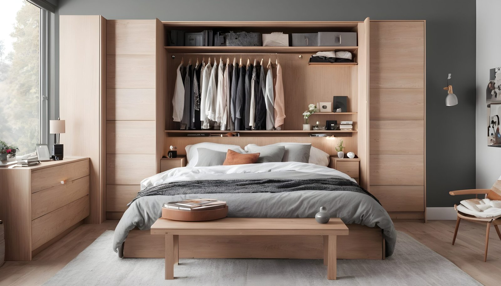 Smart storage solutions in bedroom.