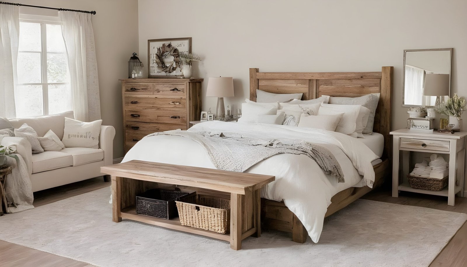 Rustic farmhouse bedroom with wooden furniture and a light color palette.