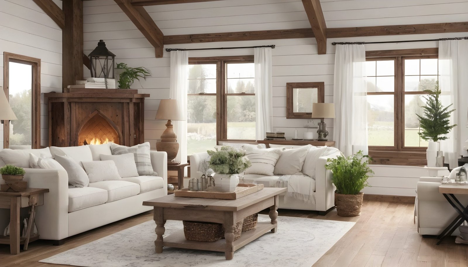 Rustic farmhouse living room with weathered wood and a neutral color palette. 