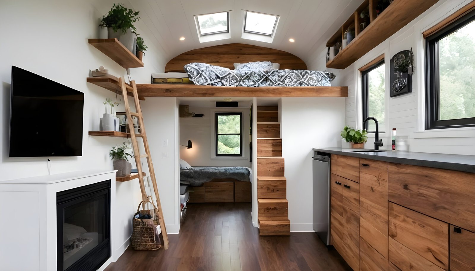 Luxury tiny home with built-in storage solutions.