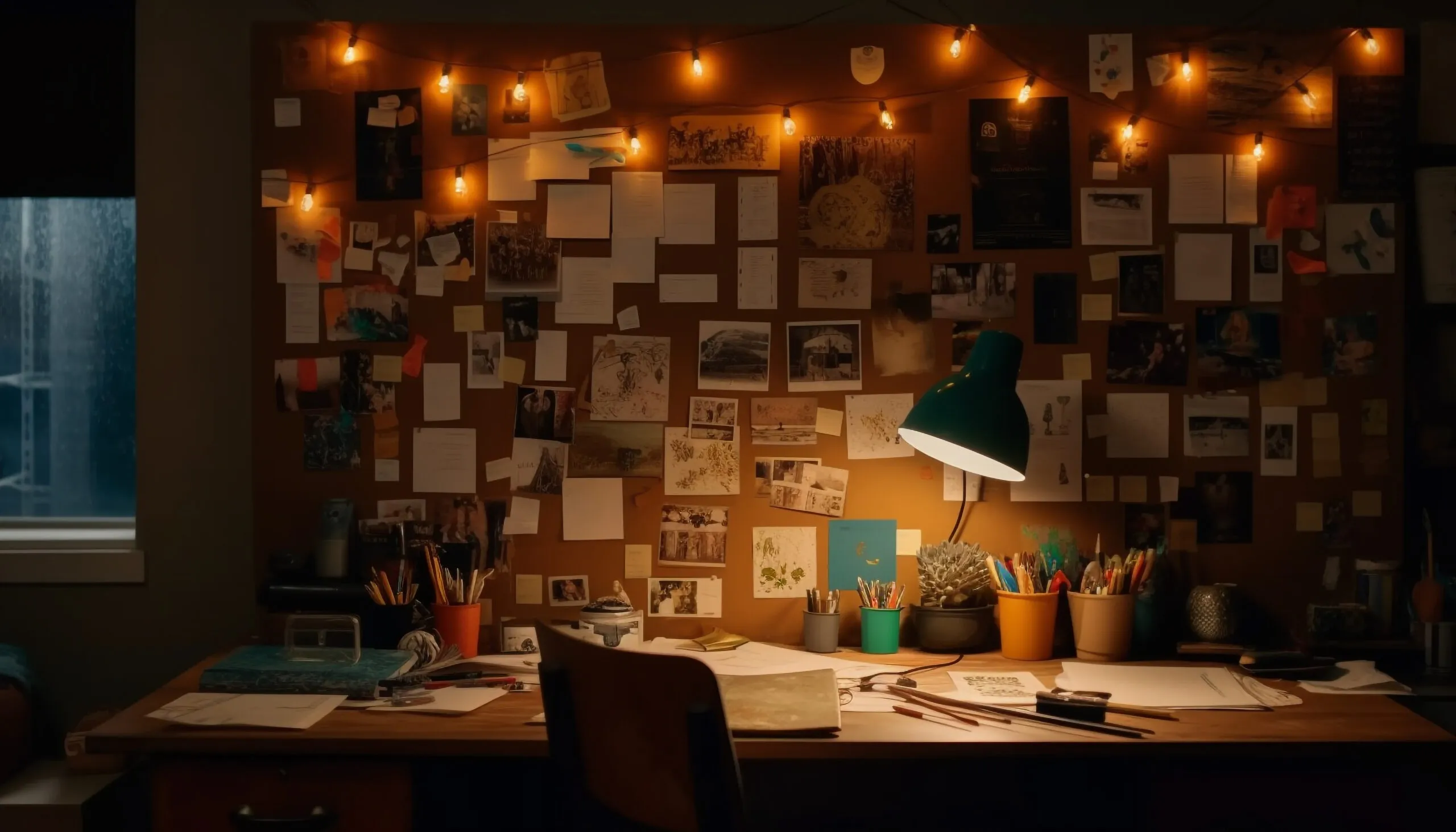 Dark modern office illuminated by electric lamp.