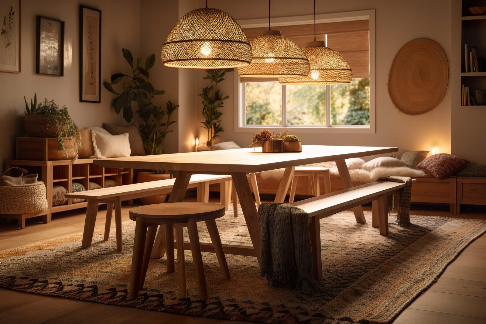 A dining room with a wooden table and benches. 