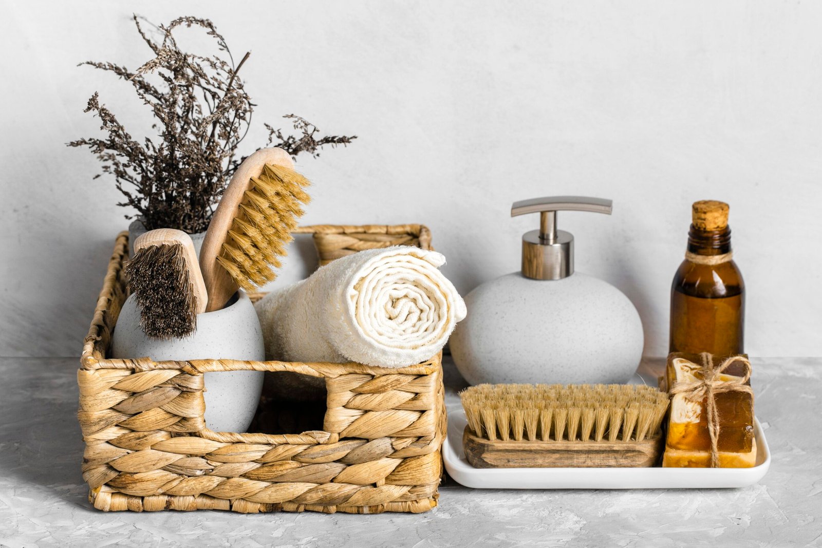 Eco-friendly cleaning products, set of baskets with soaps, brushes.