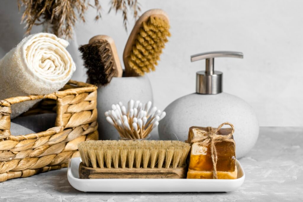 Bathroom cabinet organizers, Cleaning products, set with soaps, cottons, swabs.