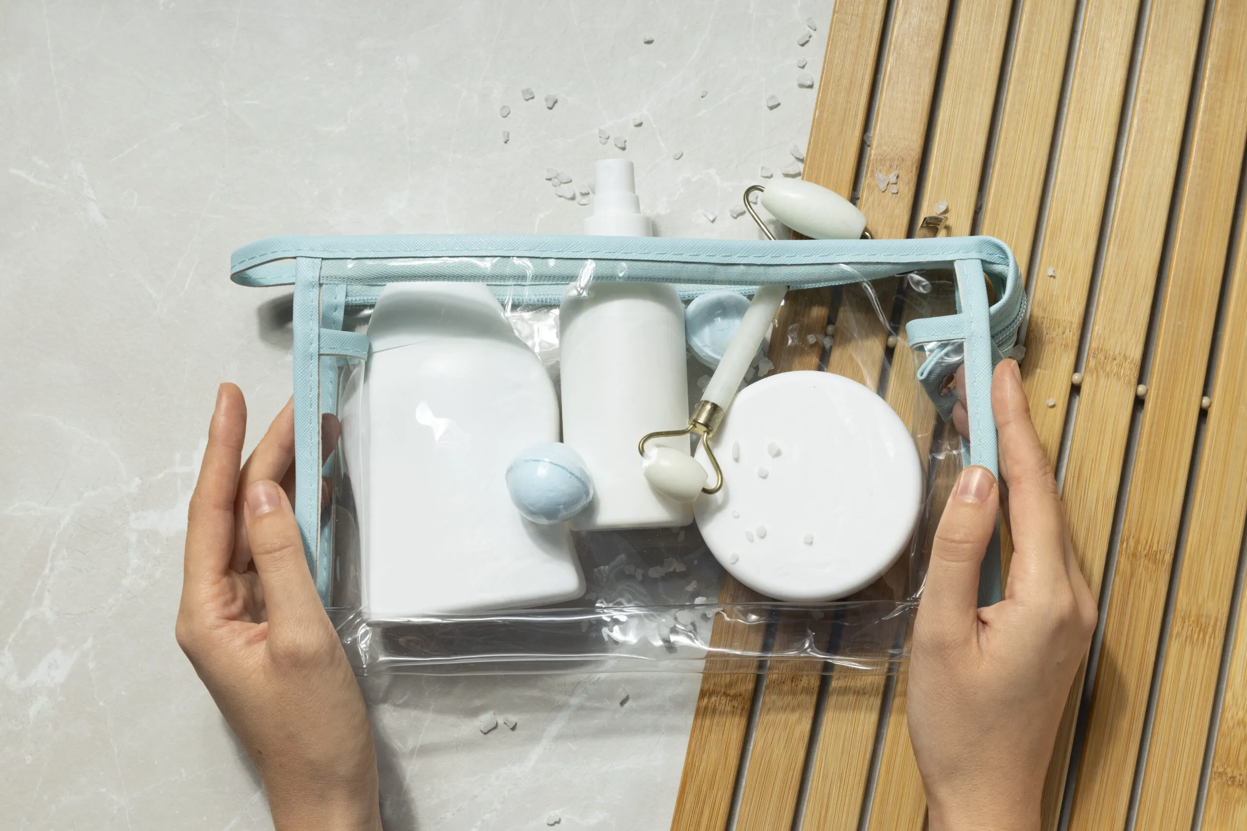 Bathroom cabinet organizers, Flat lay vanity kit arrangement.