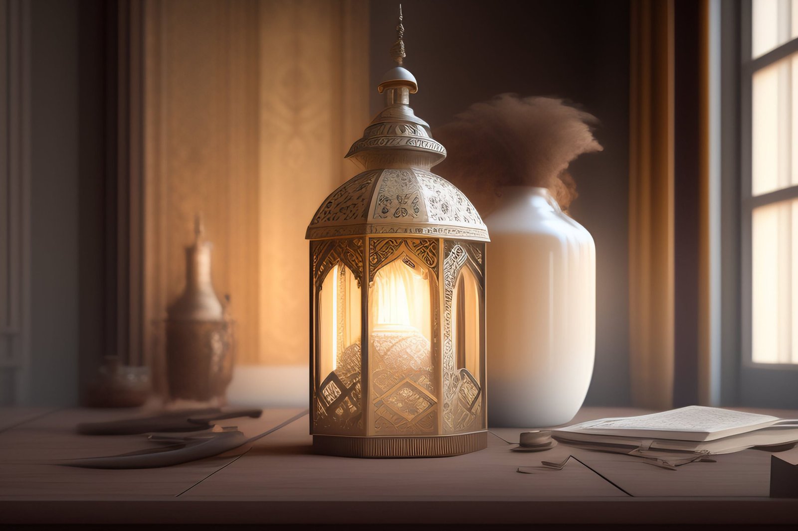 Moroccan lantern on a table.