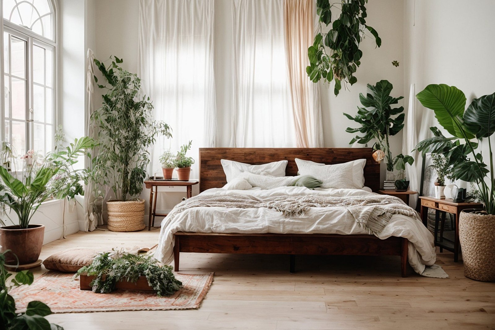 Bedroom with a large wooden bed and lots of green plants.