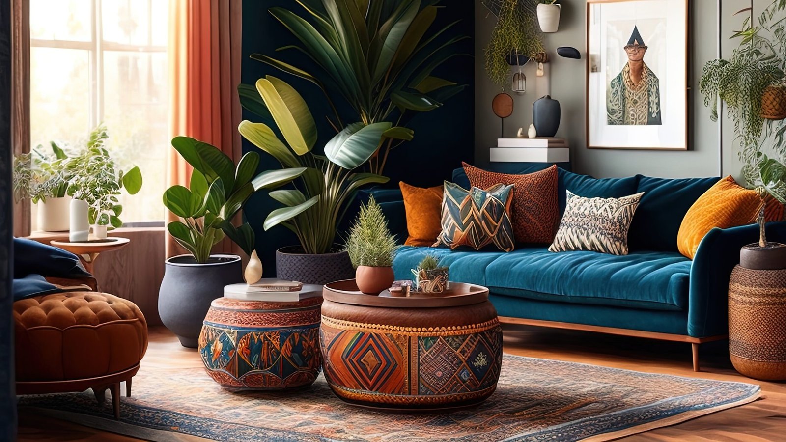 Interior of modern living room with blue sofa, plants and decoration. 