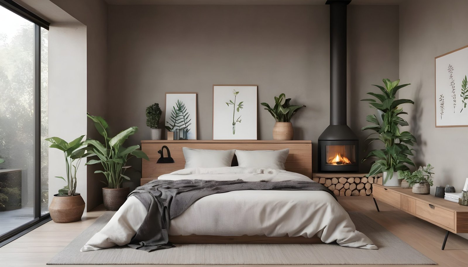 Japandi bedroom with wooden details, a fireplace and lots of plants.