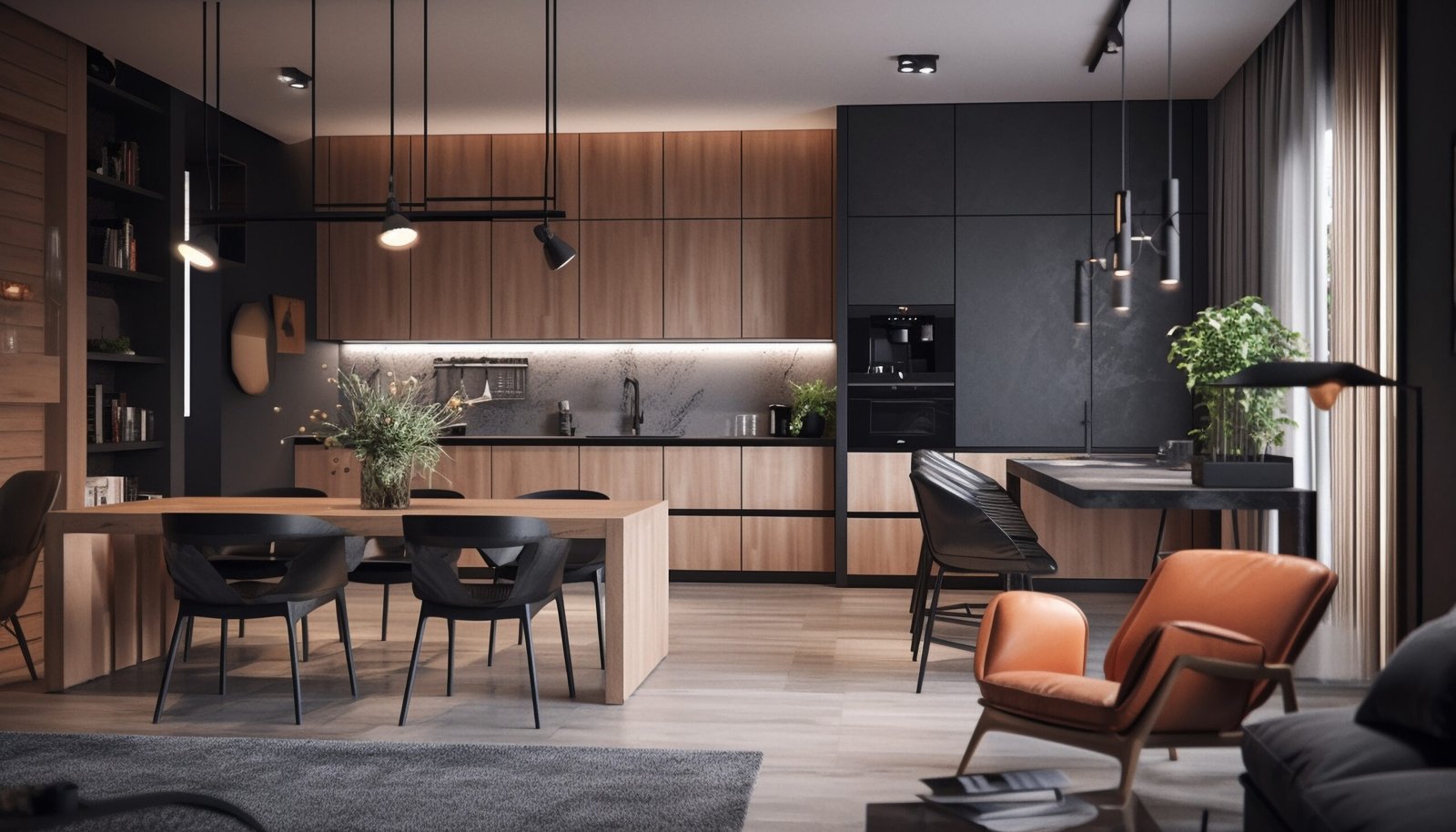 Luxury domestic kitchen with elegant wooden design.