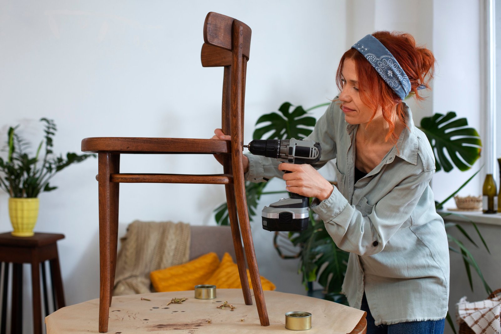 Woman remodeling a chair.