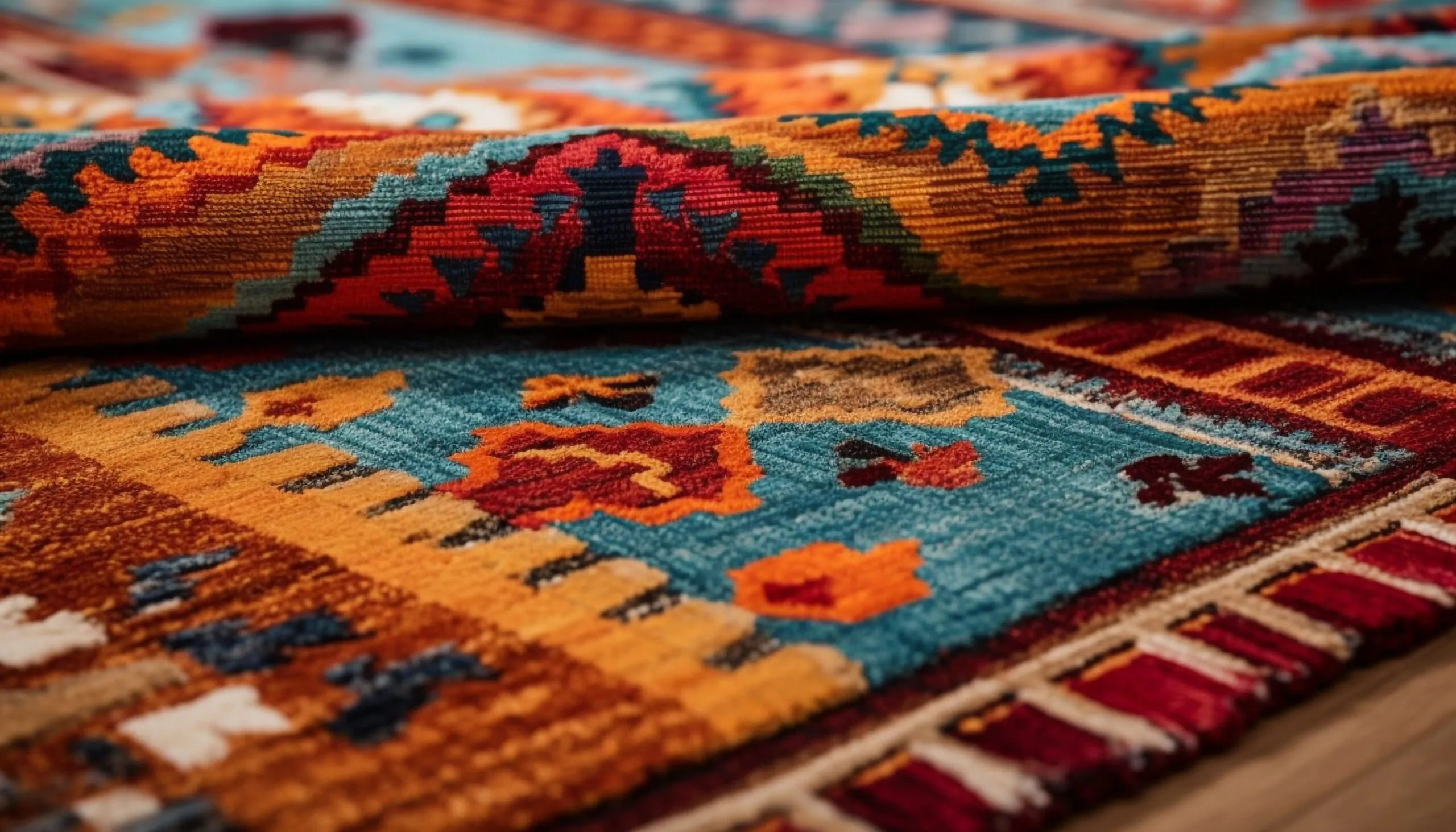 Multi colored kilim tapestry, woven wool decoration.