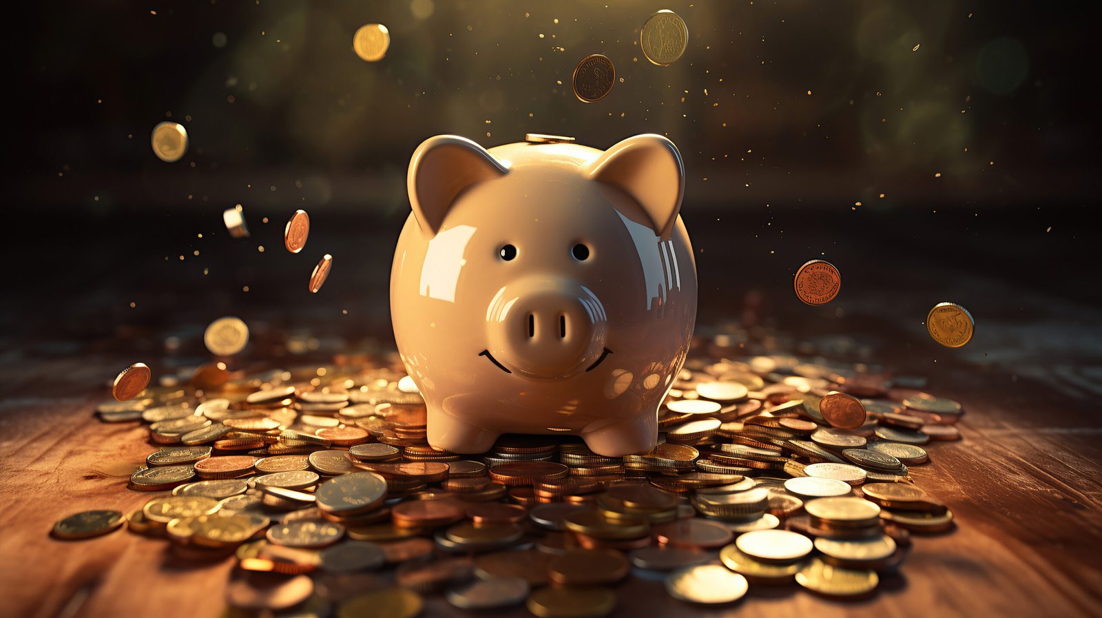 The piggy bank's overflow of coins illustrates savings and financial learning.
