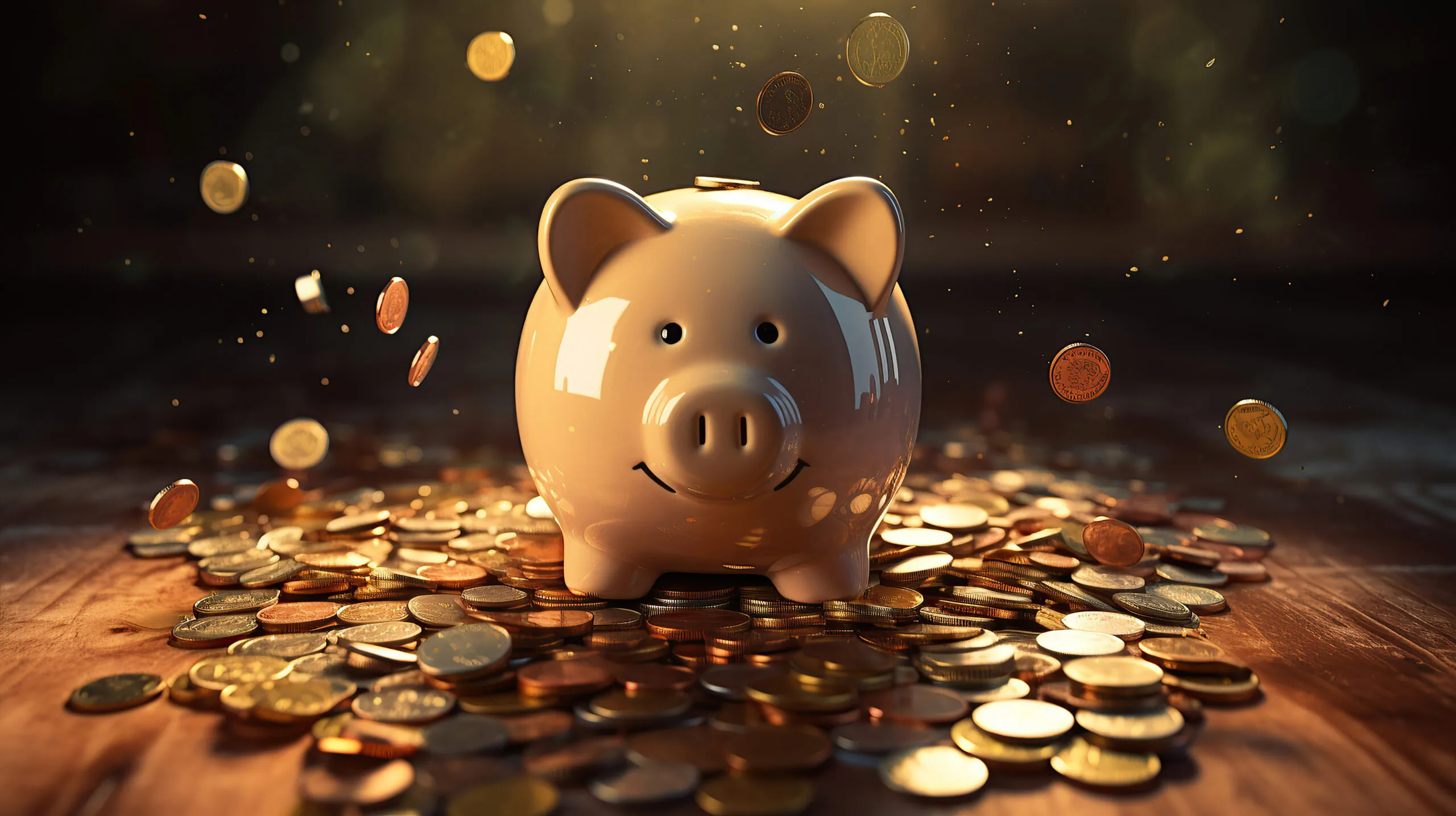 The piggy bank's overflow of coins illustrates savings and financial learning.
