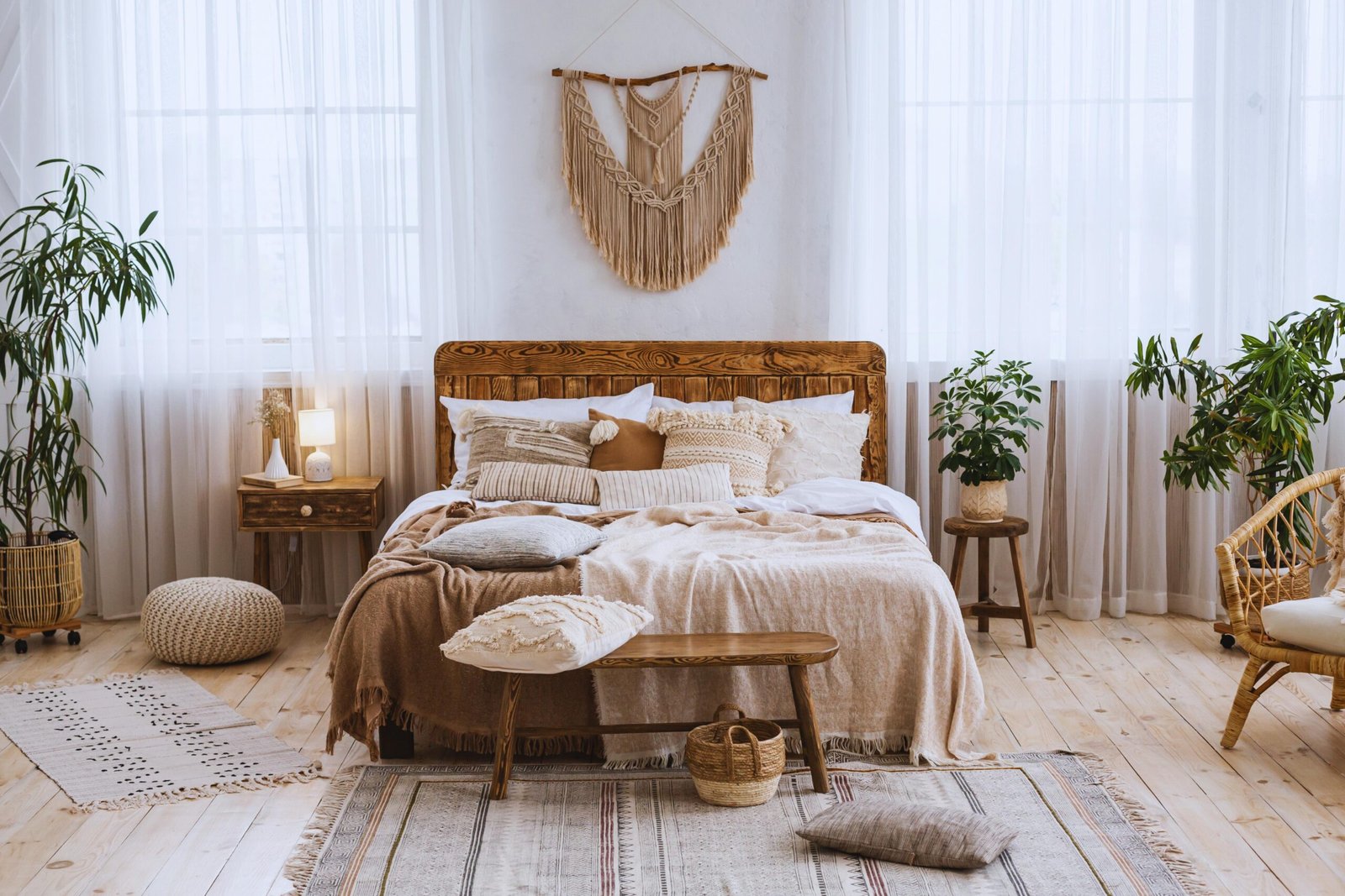 Boho-chic bedroom with macrame wall hangings and rattan furniture.