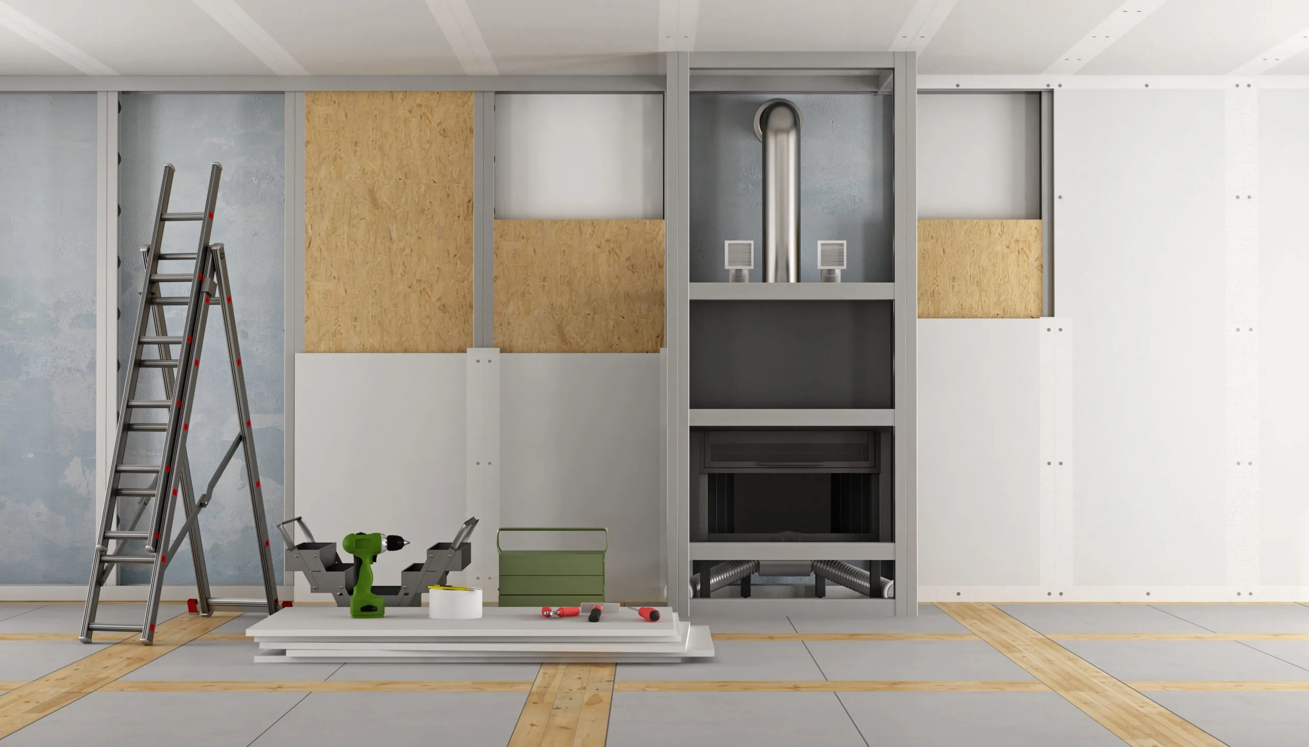 Renovating old house fireplace, dry wall.