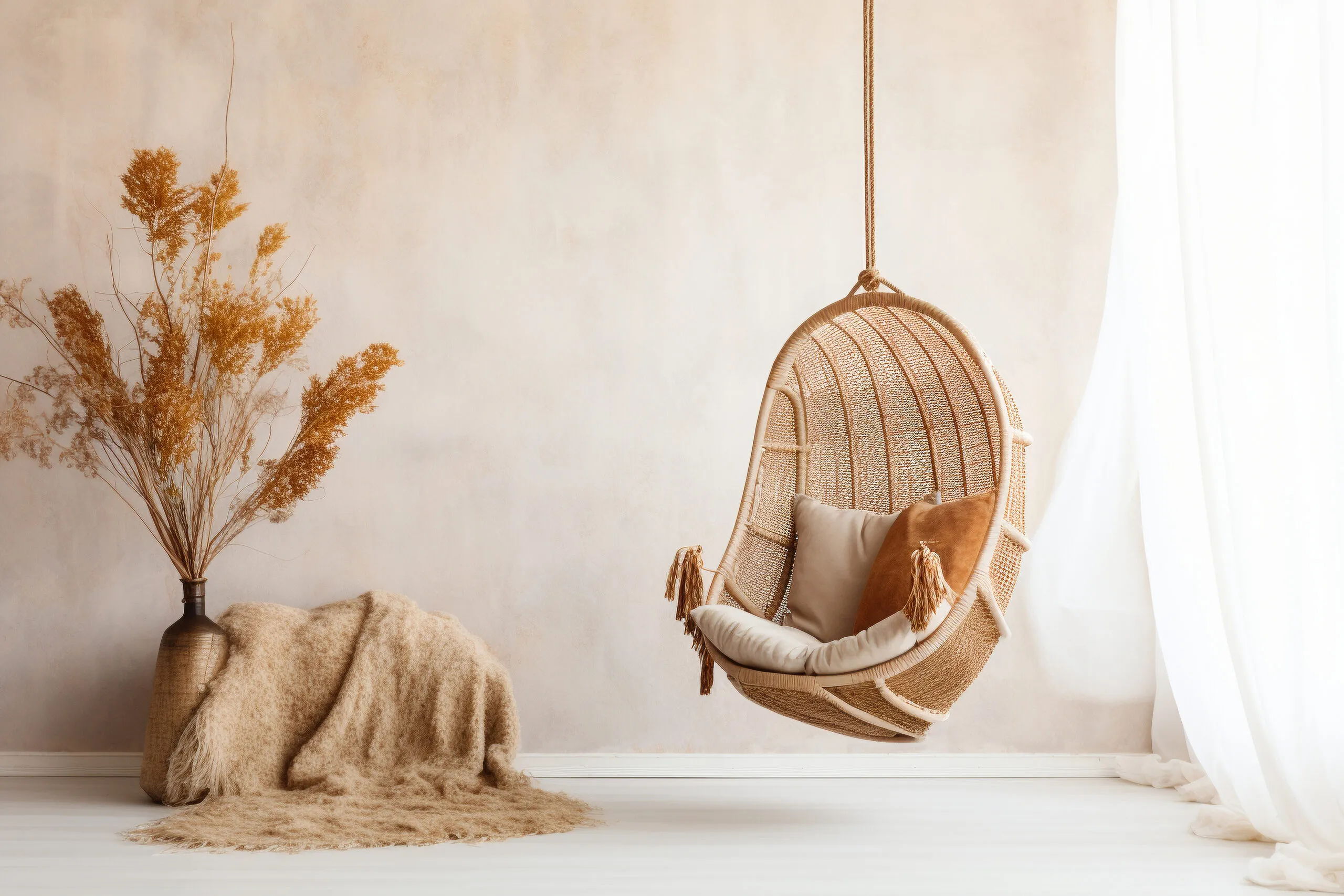 A statement hanging chair in a boho living room filled with earthy, natural colors, home interior design of modern living room.