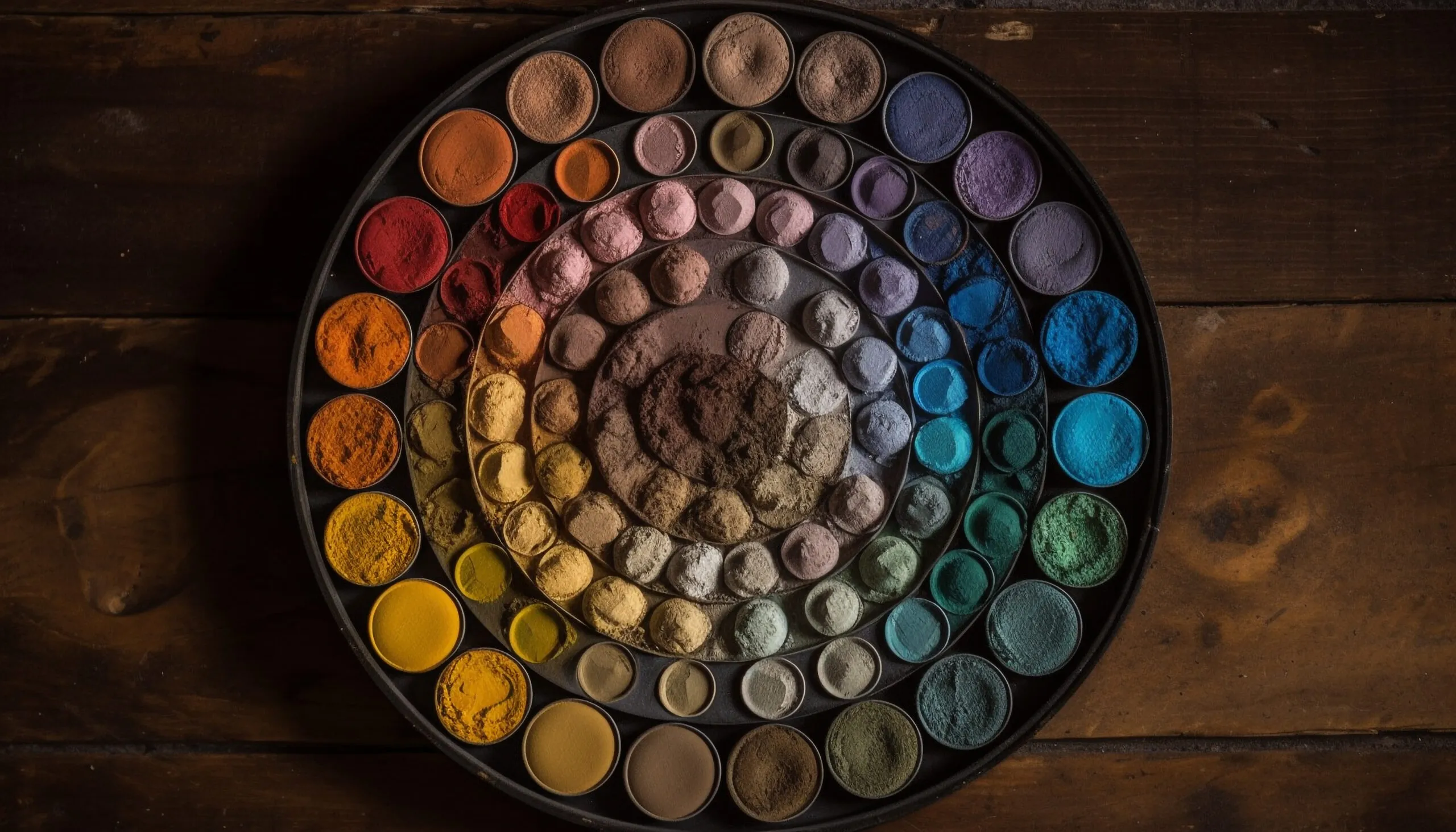 Wooden table with a collection of old fashioned, vibrant colored.