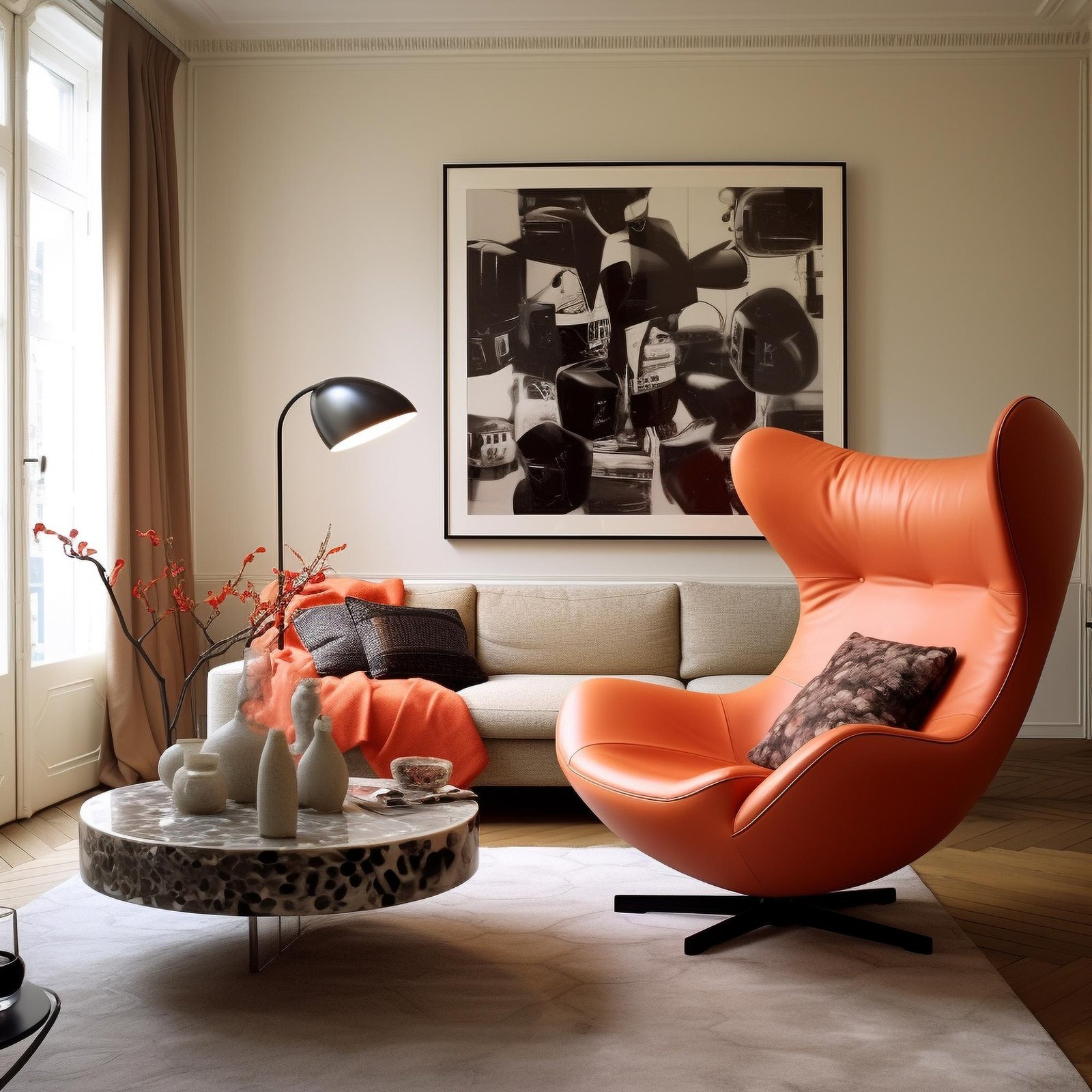 Mid-century orange armchair, a round table and a big couch. 