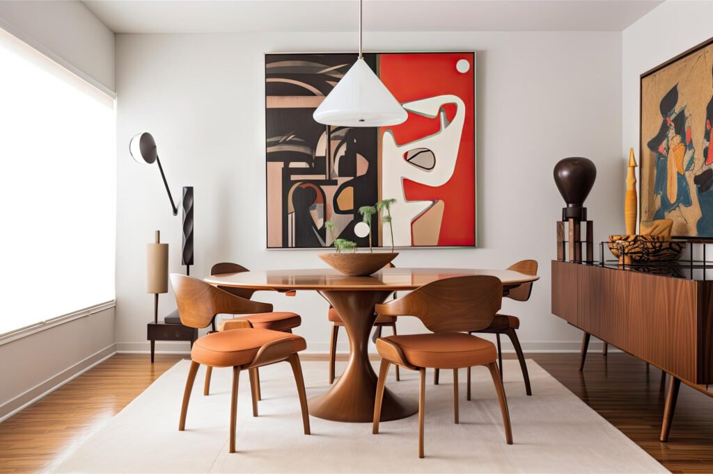 Mid-Century Modern interior design, dining room with round table and four chairs.