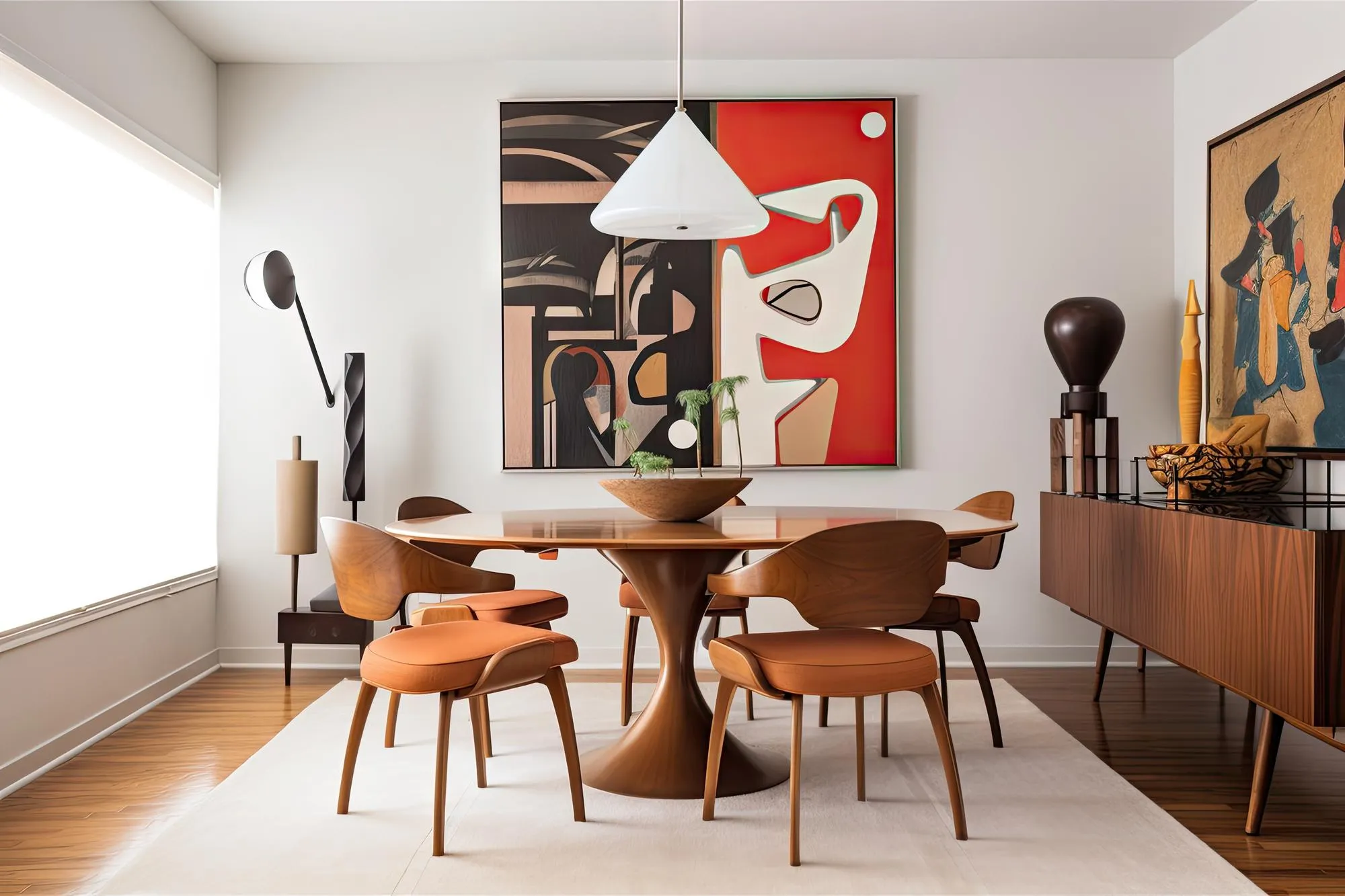 Mid-Century Modern interior design, dining room with round table and four chairs.