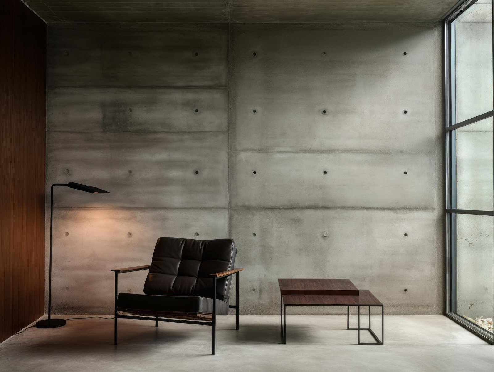 Concrete wall and a minimalist black chair. 