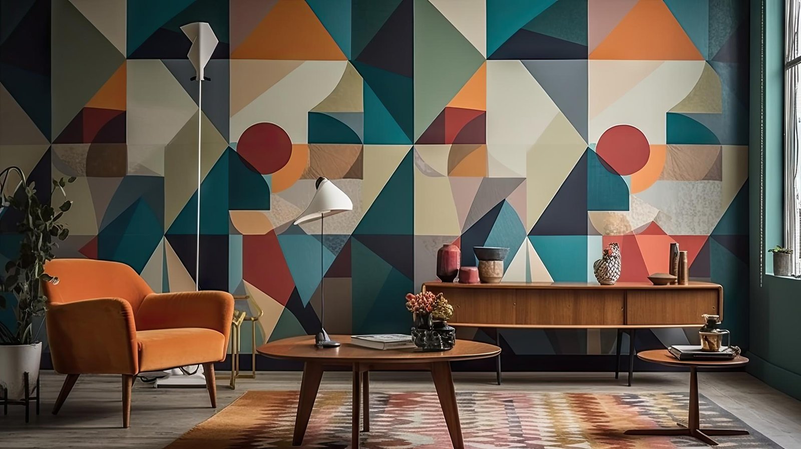 Mid-Century Modern Interior, Bold colors and geometric forms in mid-century living room.