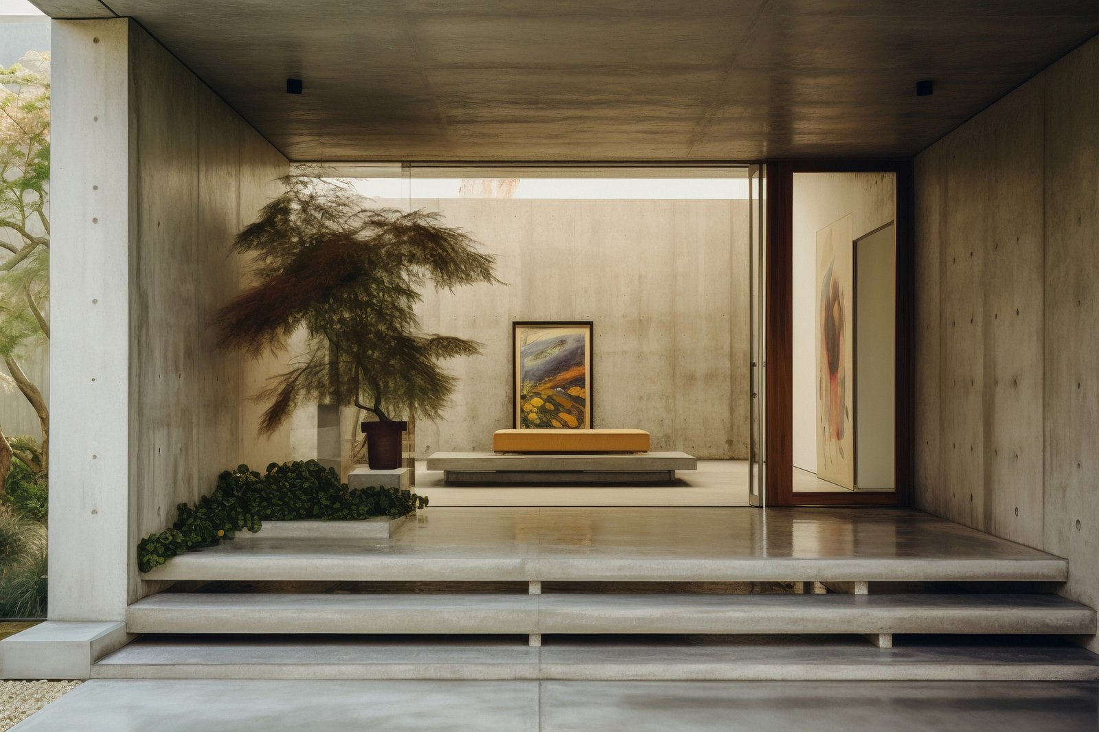 Brutalist entry way with concrete walls, floors and roof.