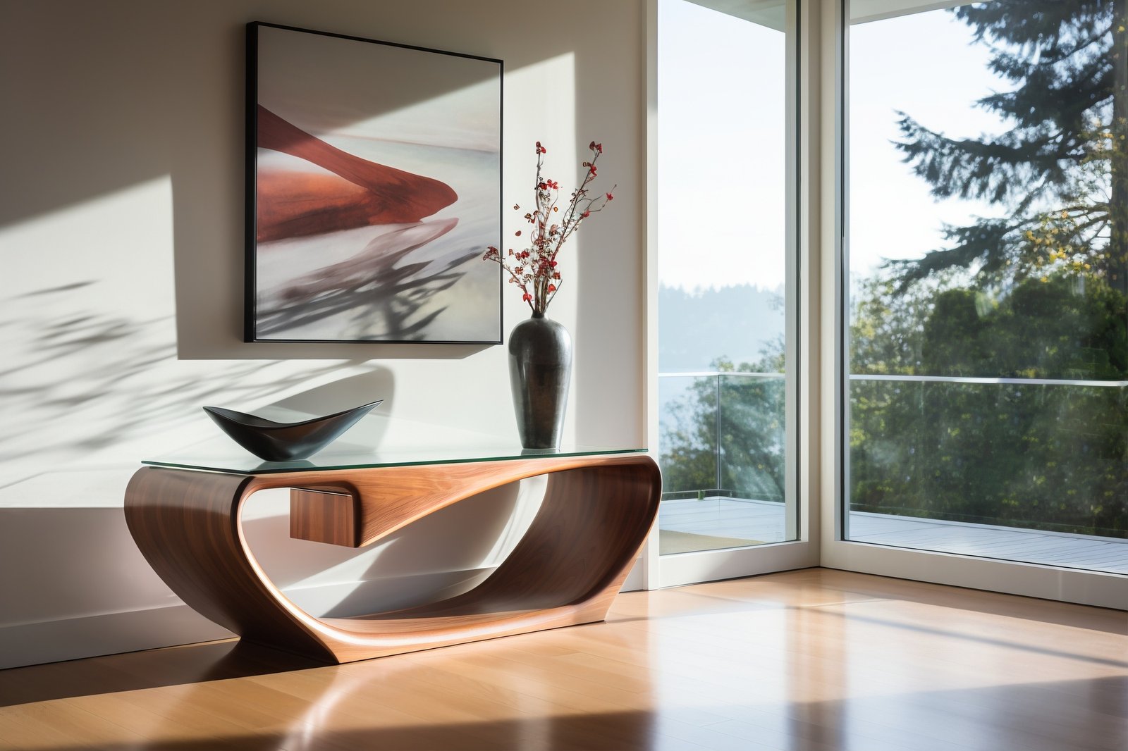 Hallway in mid-century modern design with soft lines and a side table in wood. 