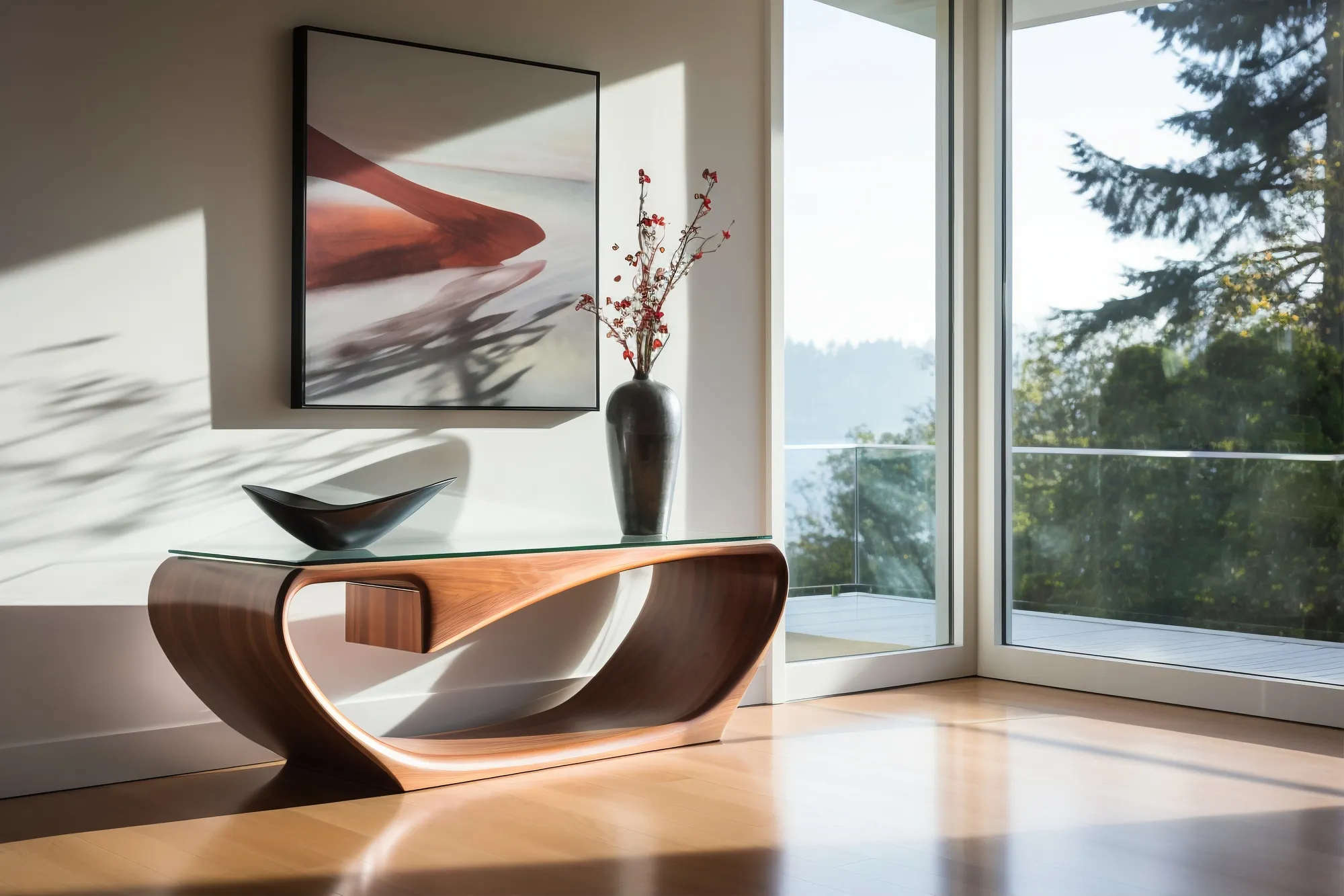 Hallway in mid-century modern design with soft lines and a side table in wood.