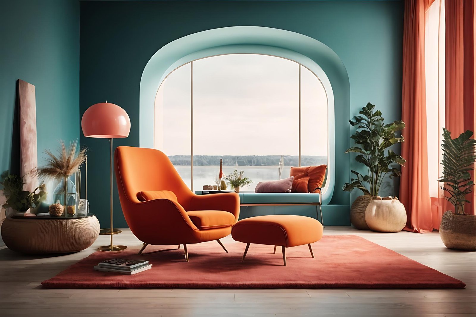 Mid-century modern living room design with bold orange arm chair. 