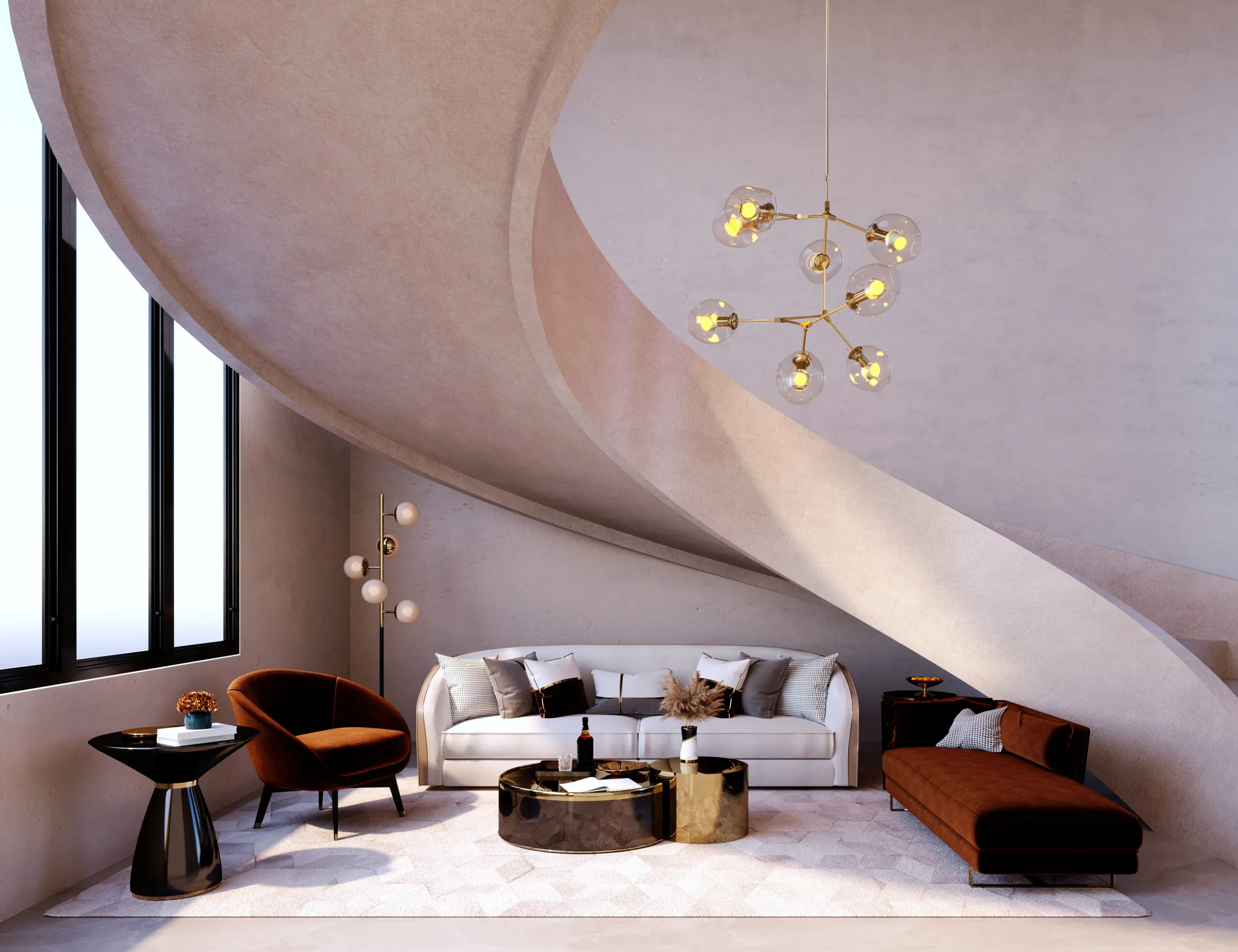 Interior Scene and Mockup, Hall, stairway, corner light and living room furniture in white and red-brown color.