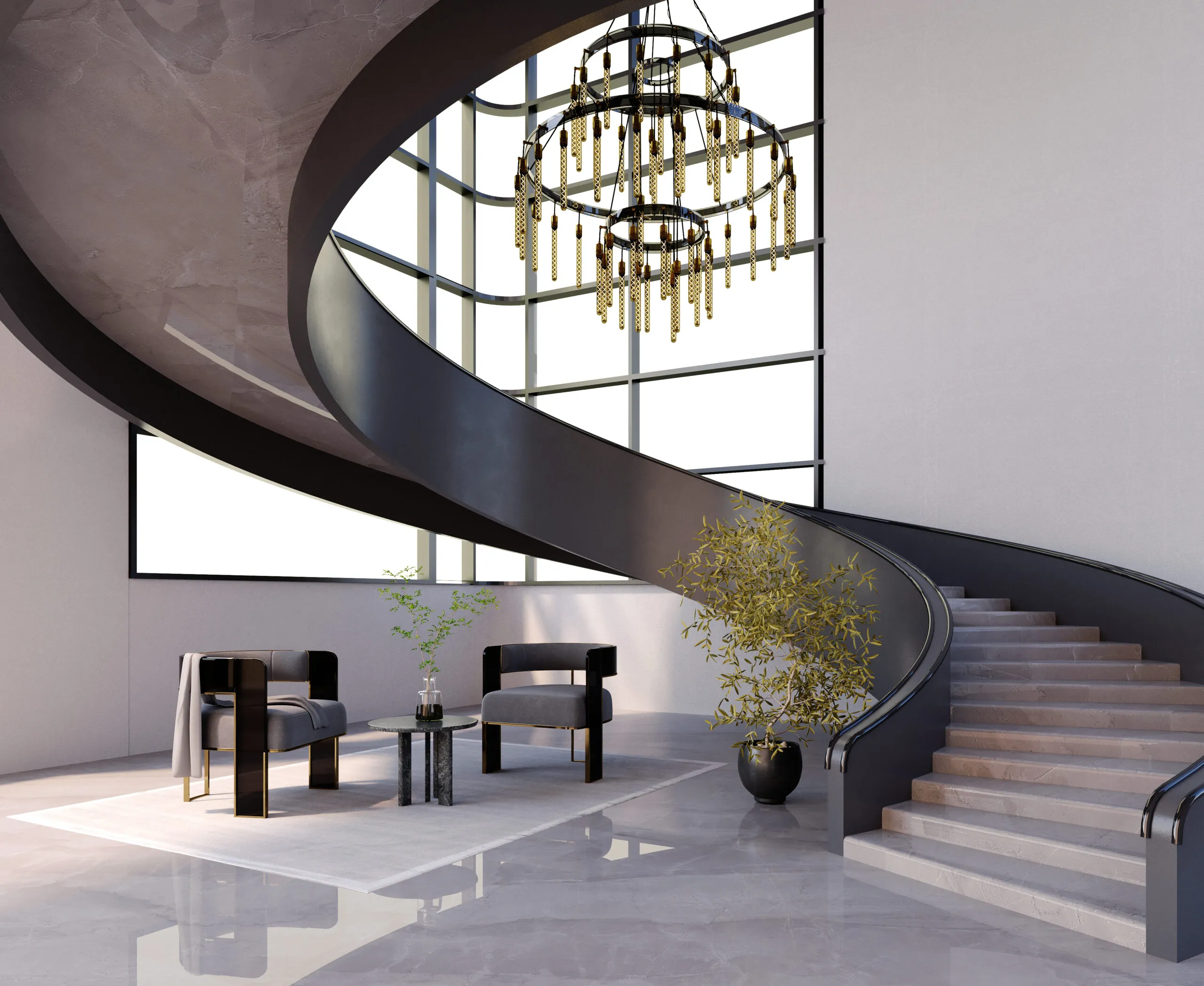 Interior Scene and Mockup, Modern-style spiral staircase and living area with two black acrylic legs in an armchair.