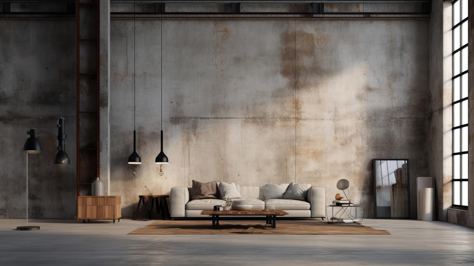 Concrete walls, grey couch, large windows and industrial lighting fixtures. 
