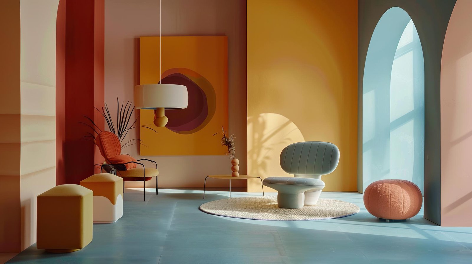 Colorful living room in organic soft forms. 