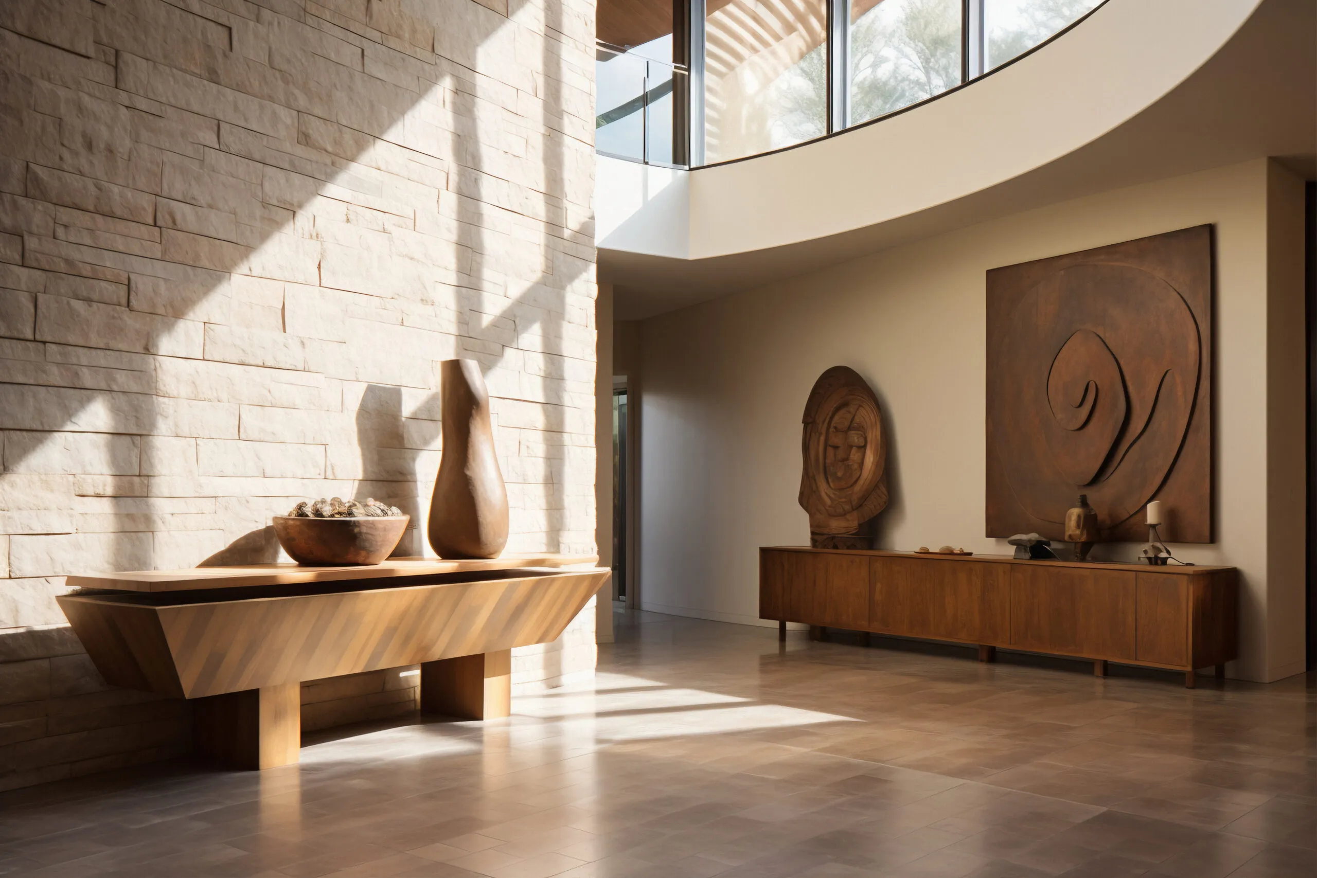 Modern styled entryway with wooden and stone accents.