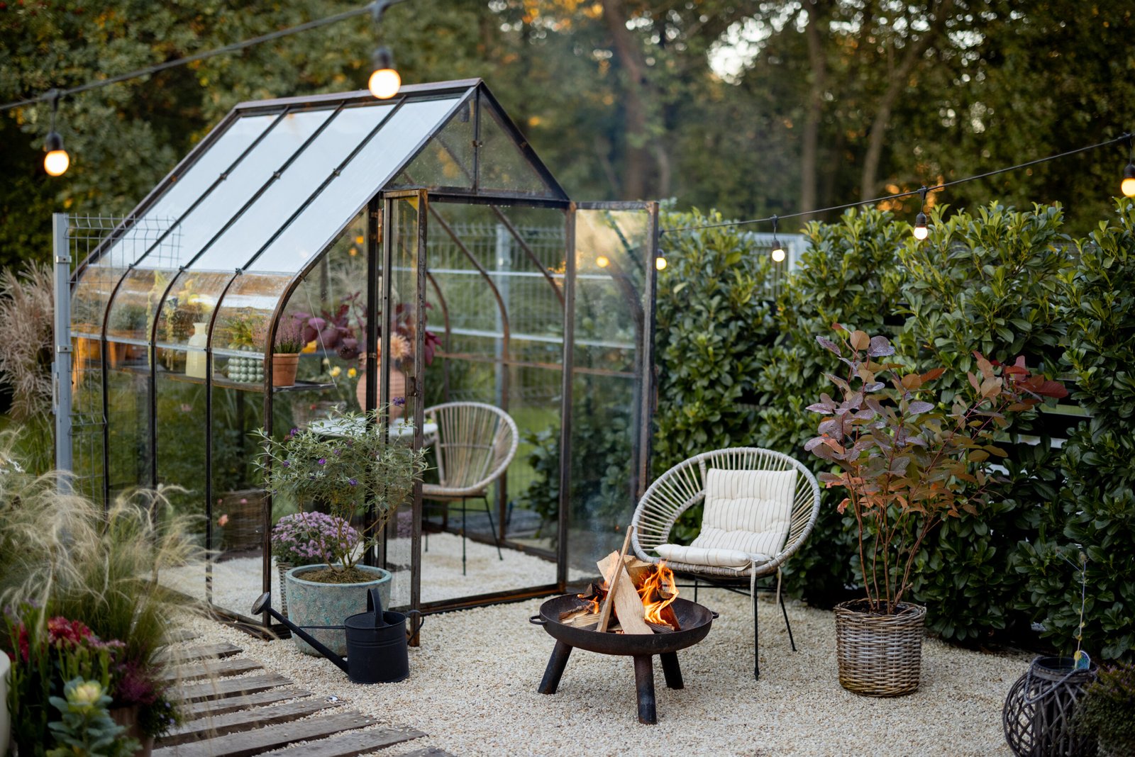Beautiful and cozy garden with a picnic fire at lounge area and vintage greenhouse behind.