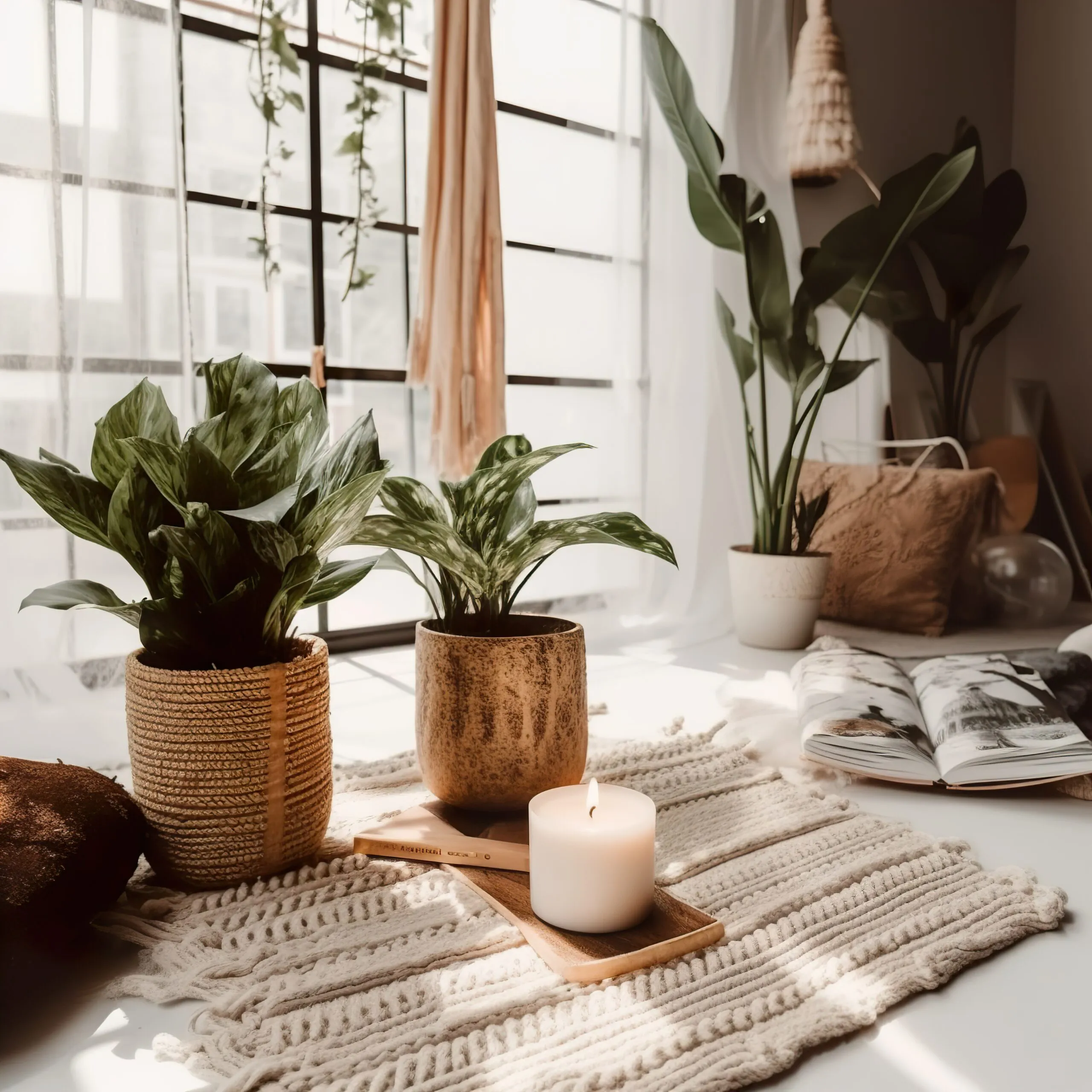 Boho styled room interior, green houseplants and natural home decor daylight shot.