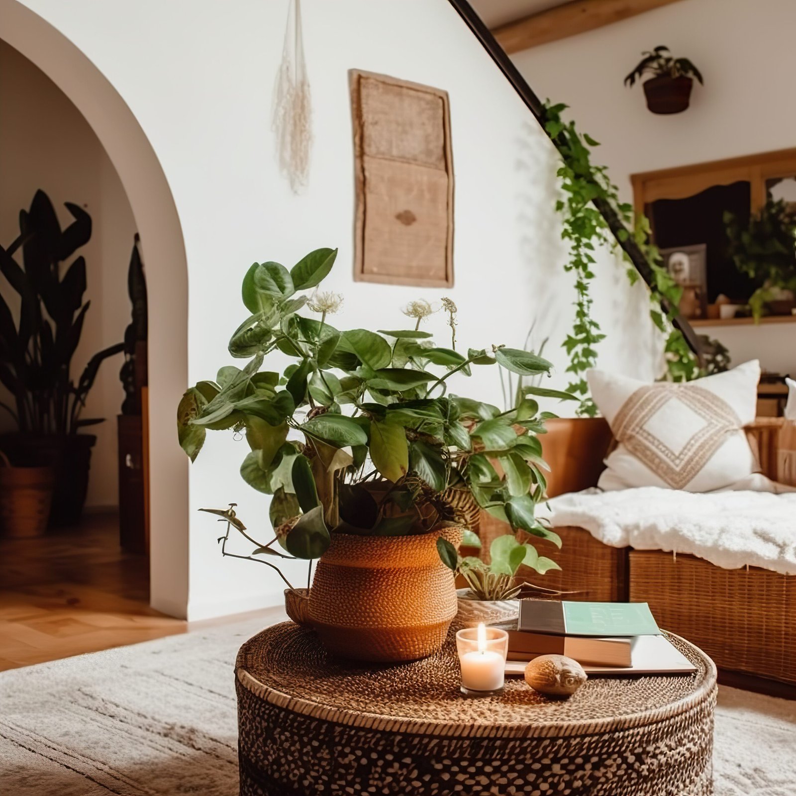 Boho styled room interior, green houseplants and natural home decor daylight shot.