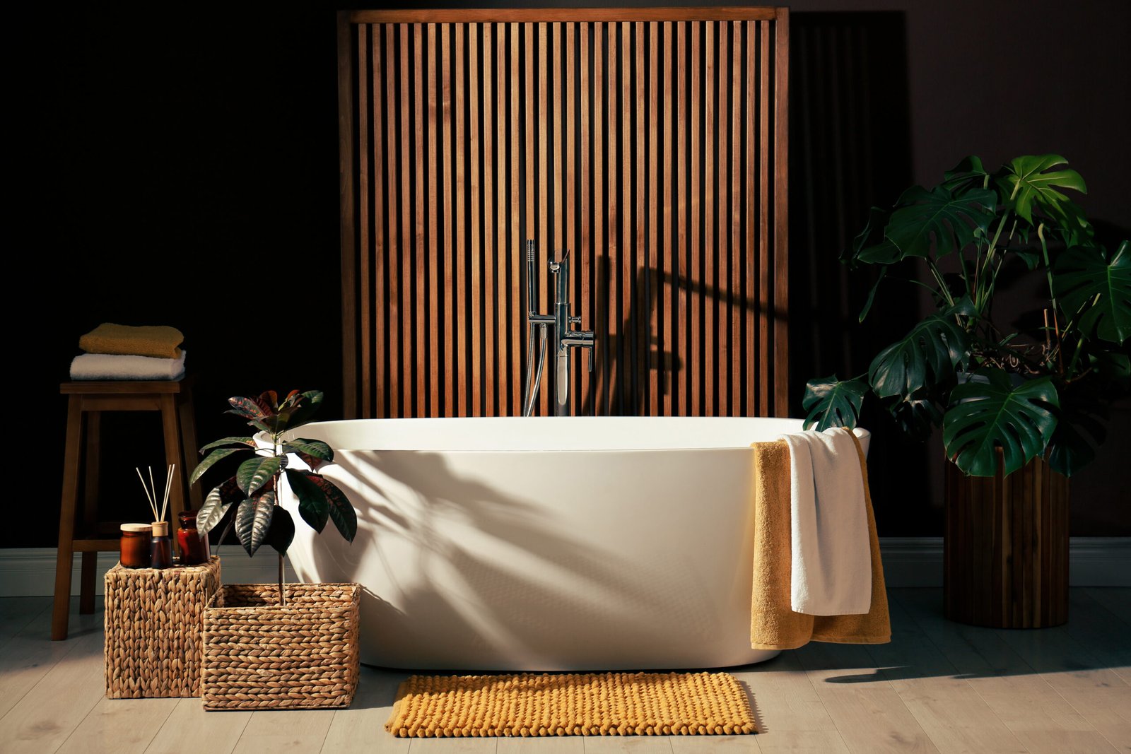 Cozy bathroom interior with stylish ceramic tub. 