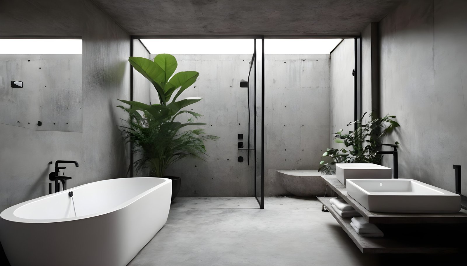Brutalist bathroom with concrete walls and floor, and a plant. 