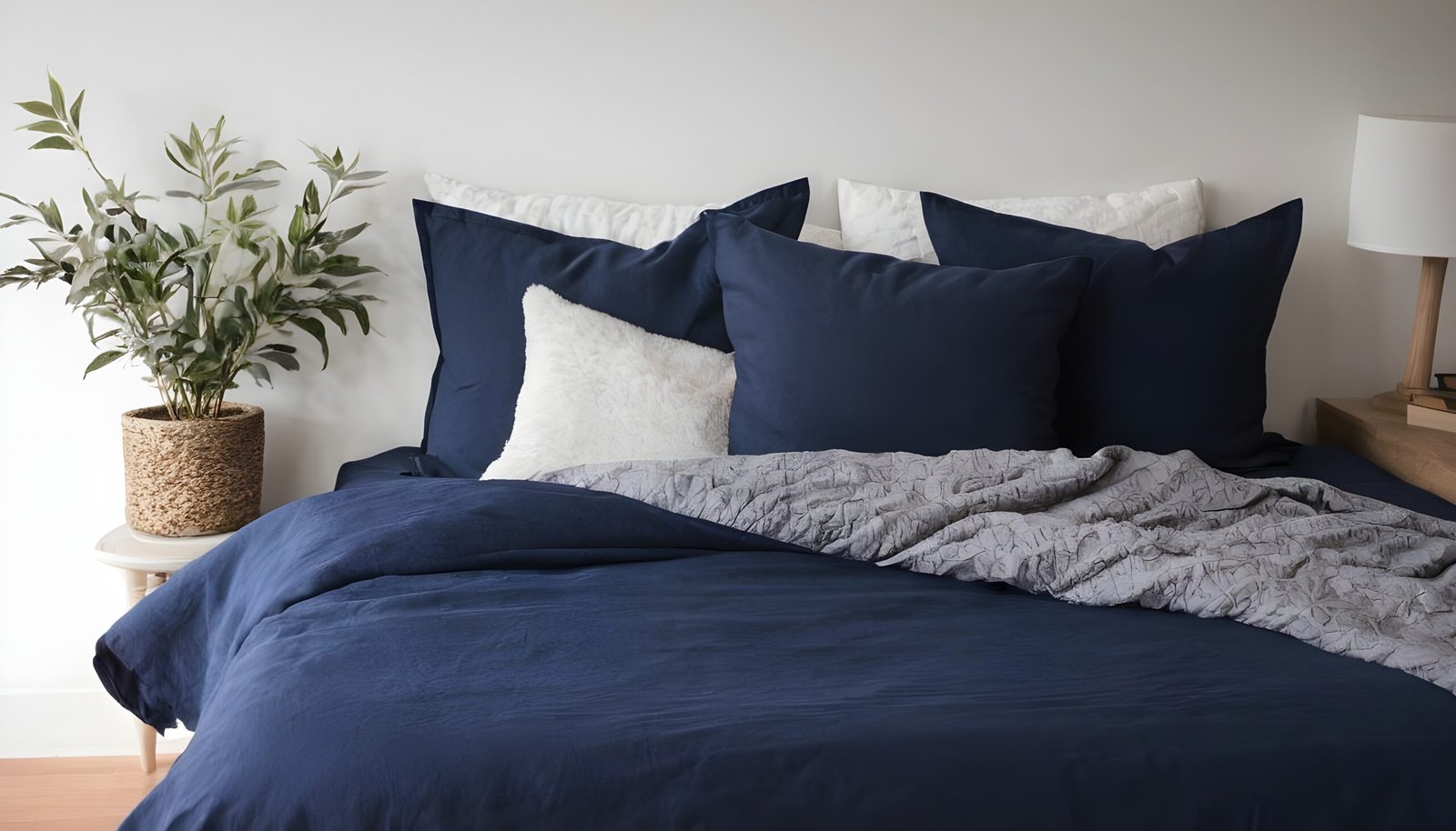 Blue bed sheet arrangement.