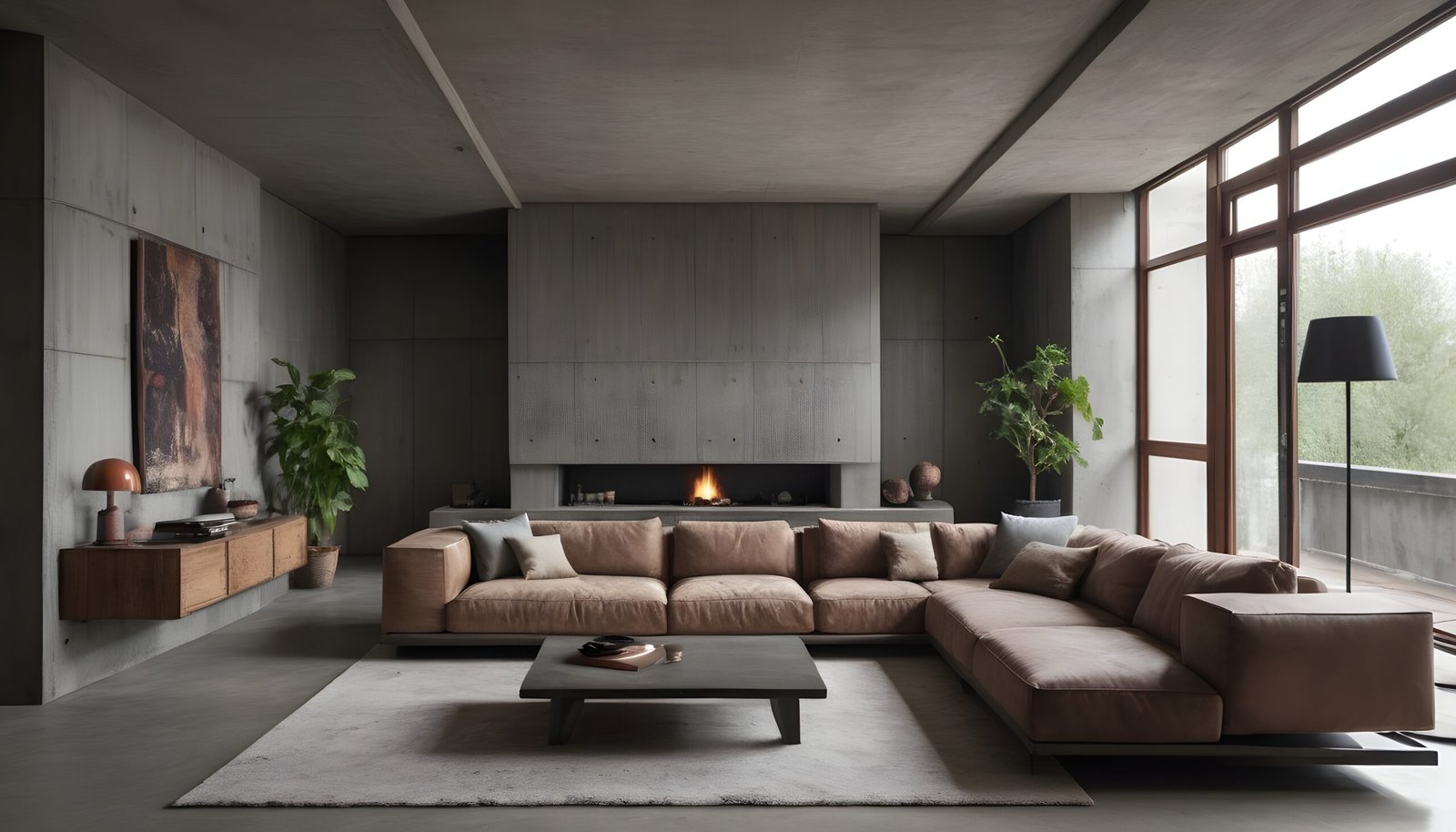 Brutalist interior living room with concrete walls and a fireplace.