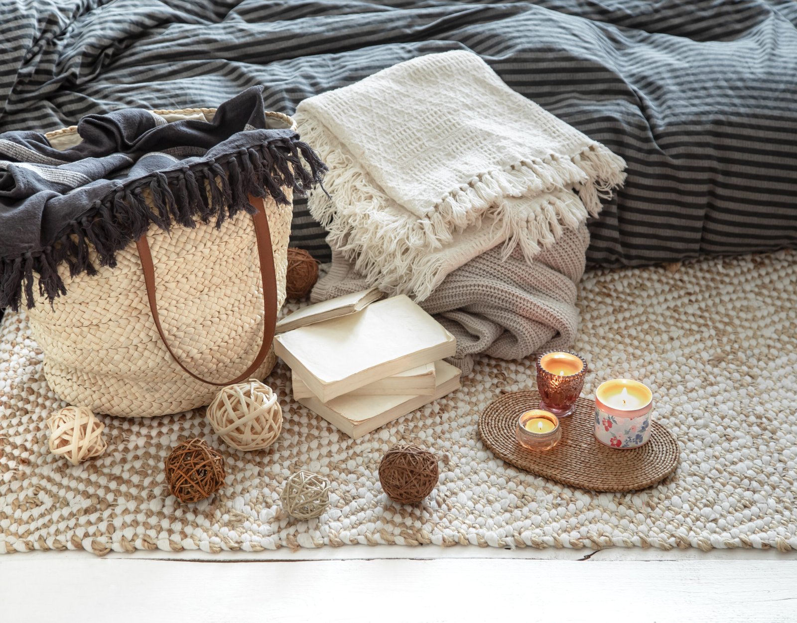 Decorative items in a cozy home interior with wicker straw large bag, and decorative elements.