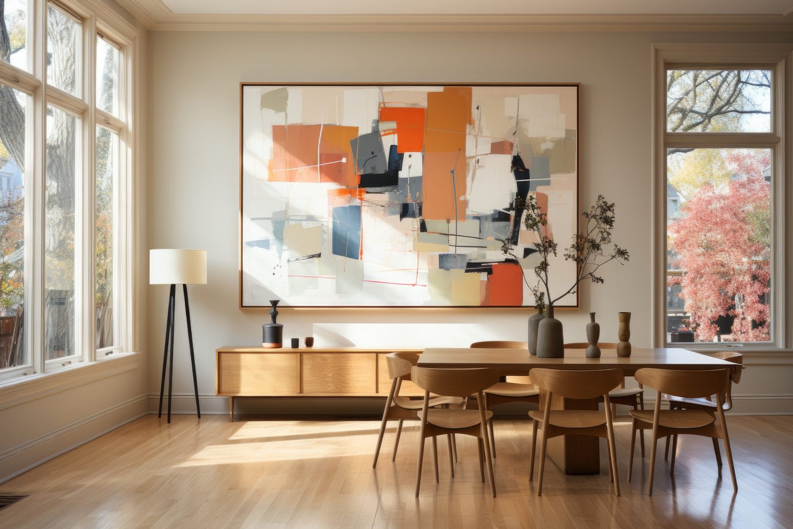 Dining Room featured a colorful frame, dining table and dining chairs.