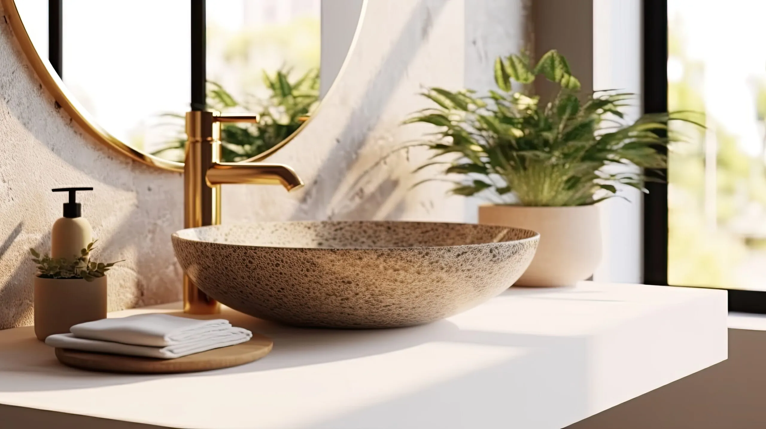 empty luxury bathroom granite vanity counter top product presentation mockup.