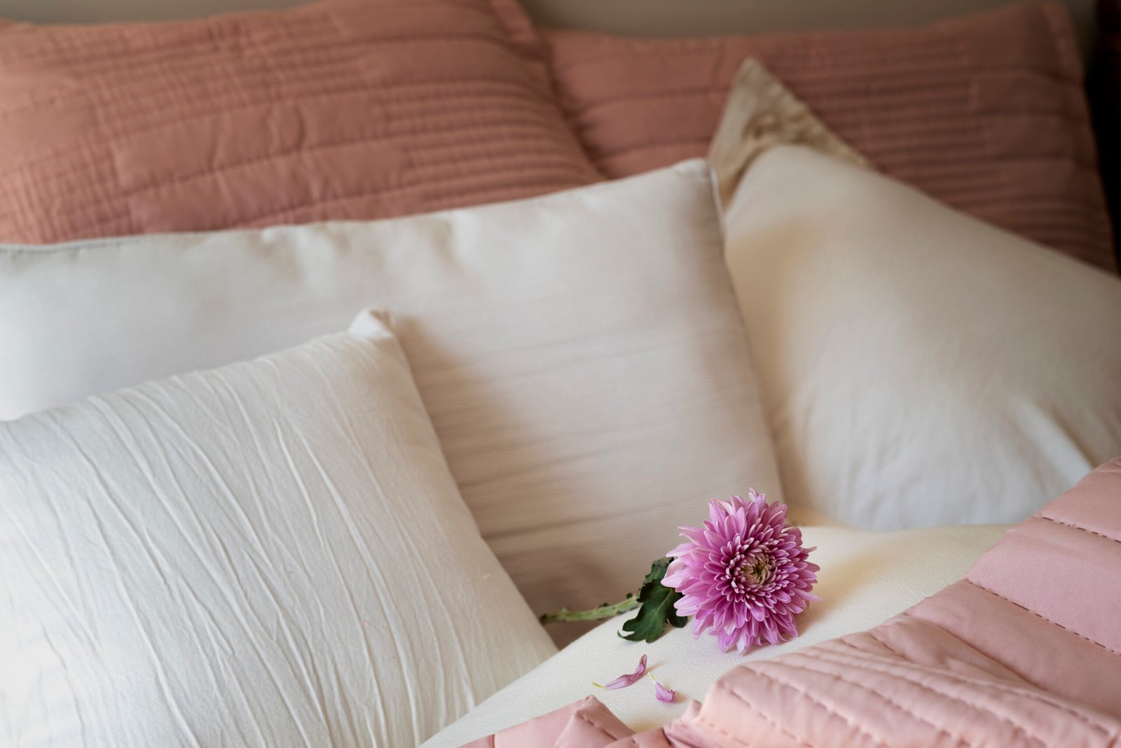 Bed sheet color psychology, high angel cozy bed arrangement.